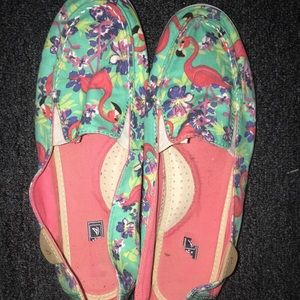 Gently worn flamingo sperry slip on shoes